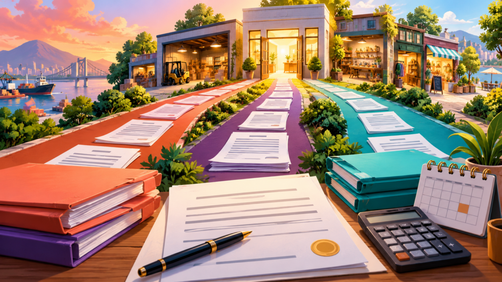 書類と費用を比較する三つの道が事業の出発点へつながるイラスト