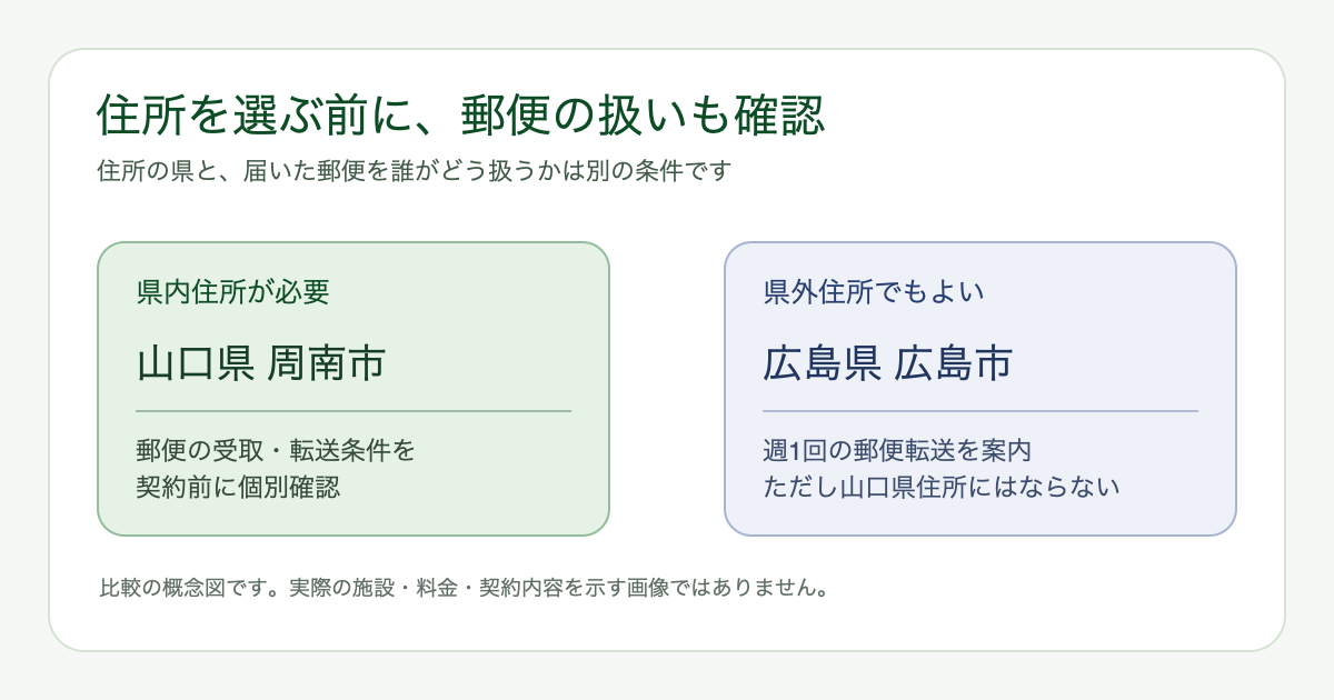 山口県内の住所と広島県の県外住所、郵便受取条件を分けて比べる説明図