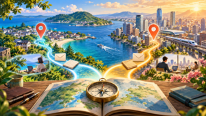 海辺の地域と都市への二つの道を、地図と住所・郵便のモチーフで比較するイラスト