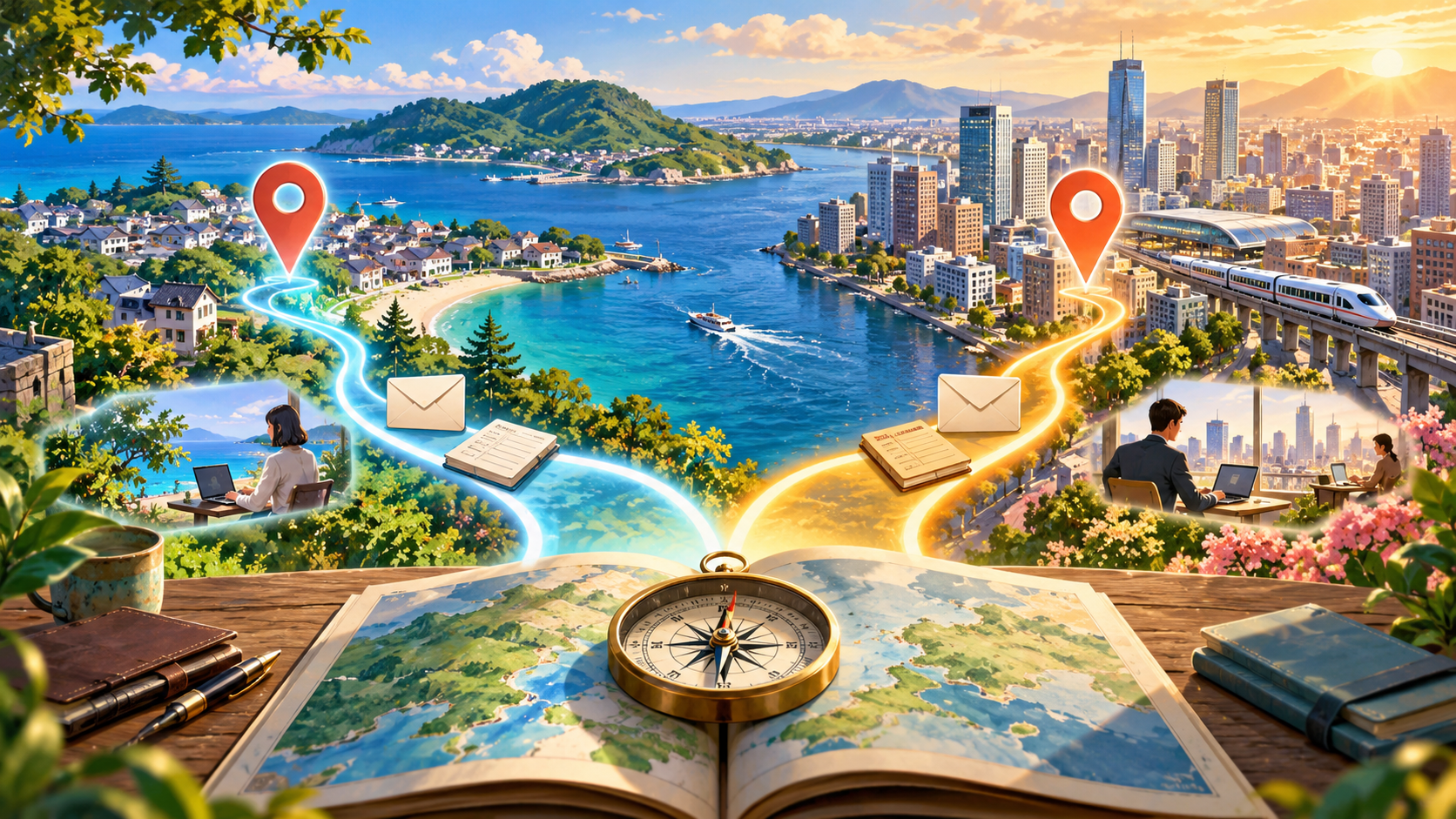 海辺の地域と都市への二つの道を、地図と住所・郵便のモチーフで比較するイラスト