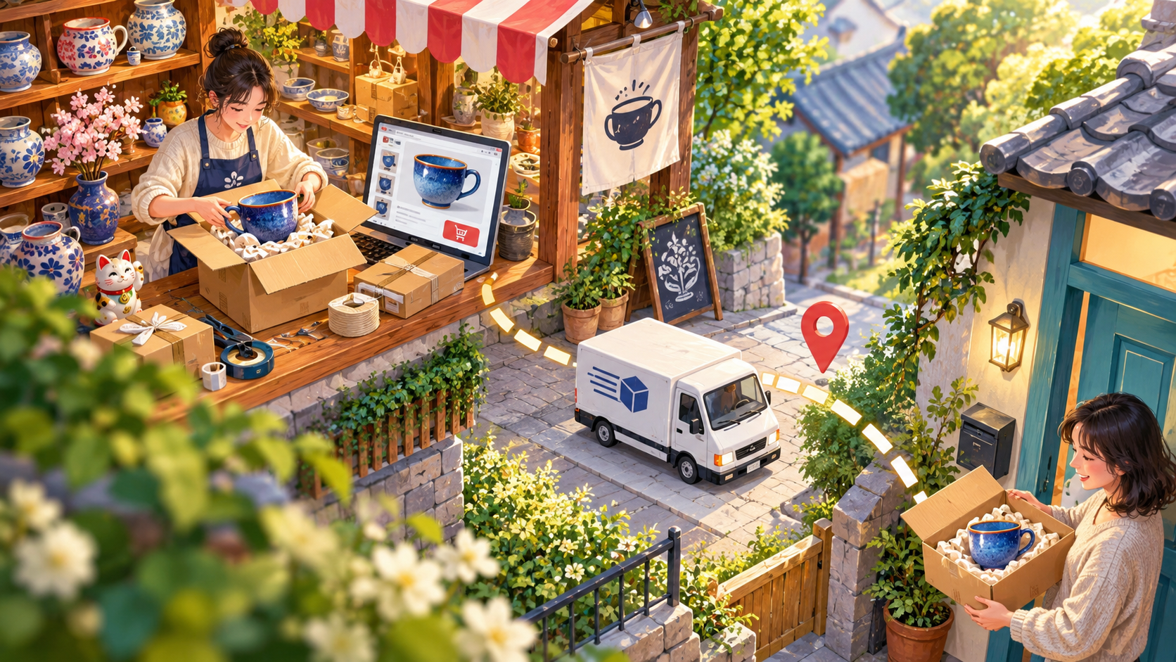 ネットショップの店主が商品を梱包し、離れた顧客へ届く流れを俯瞰したイラスト