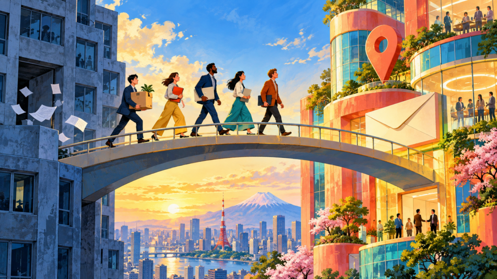 書類や荷物を持った仲間が橋を渡り、新しい住所の拠点へ進むイラスト